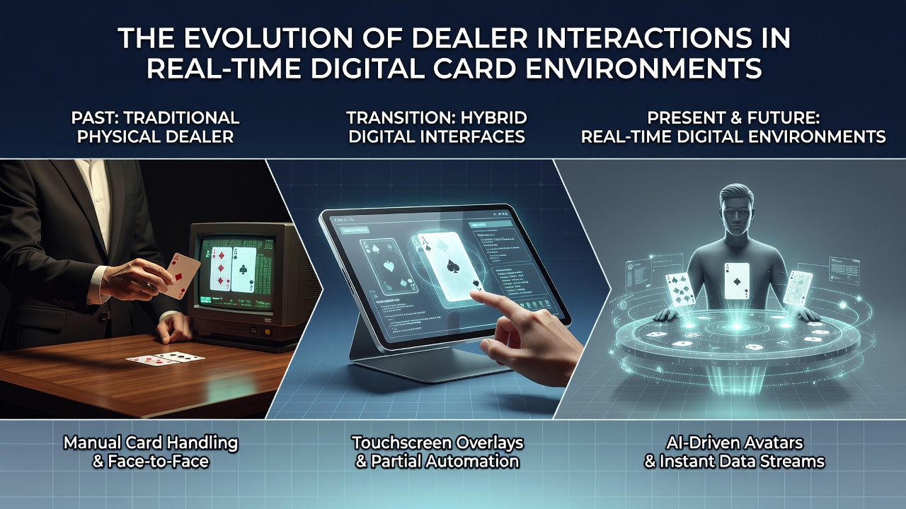 Modern dealer interacting with players via advanced real-time digital interfaces and multi-angle video streams